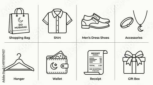 Eid shopping icons, clothes, shoes, perfume, wallet, money, gifts, receipt, festive joy, celebration