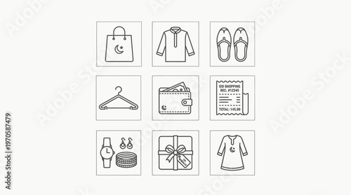 Eid shopping icons, clothes, shoes, perfume, wallet, money, gifts, receipt, festive joy, celebration