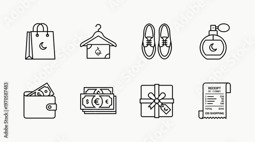 Eid shopping icons, clothes, shoes, perfume, wallet, money, gifts, receipt, festive joy, celebration