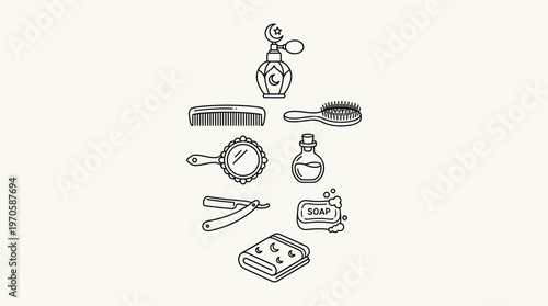 Eid grooming icons, perfume, razor, mirror, towel, soap, hairbrush, hygiene, fragrance, festive care