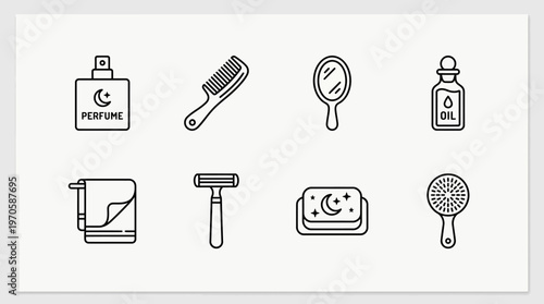 Eid grooming icons, perfume, razor, mirror, towel, soap, hairbrush, hygiene, fragrance, festive care