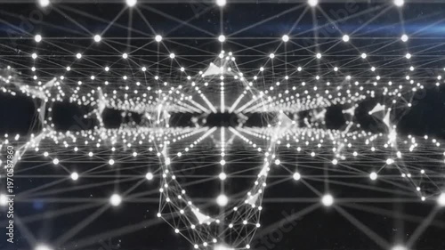 Abstract digital network of glowing nodes and lines creating a futuristic tunnel effect with a dark starry background