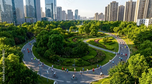 Aerial View of Urban Park with Cyclists and Modern City Skyline.