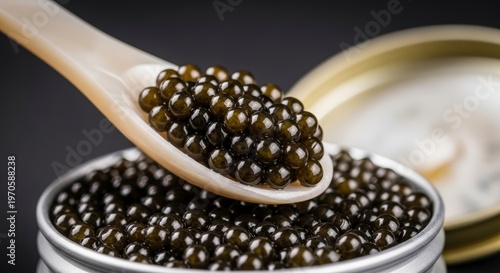 Delicious black caviar on spoon.