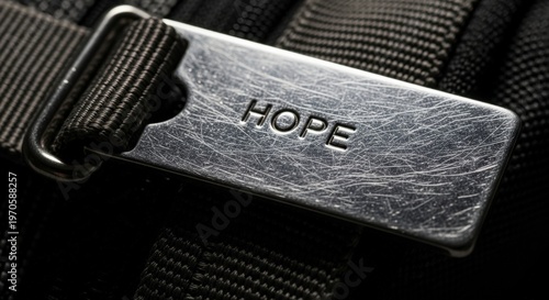 Close-up of metal hope buckle strap.
