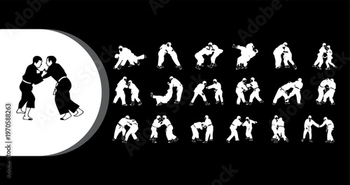 A collection of martial arts illustrations in black and white depicting various fighting techniques and poses.