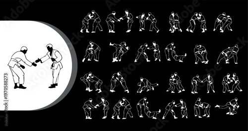 A collection of boxing illustrations showcasing various fighting stances and movements in black and white