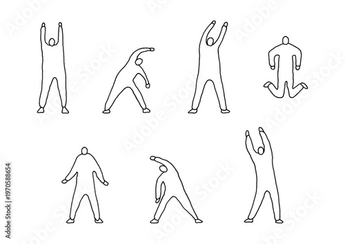 ストレッチをして体を伸ばしている人物の手描きイラストセット（線画）
