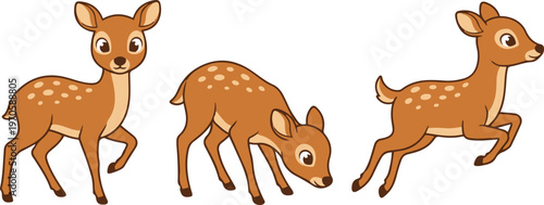 Cute cartoon deer set in different poses, featuring a spotted fawn in a playful and gentle style, perfect for children’s illustrations, wildlife themes, and nature designs.