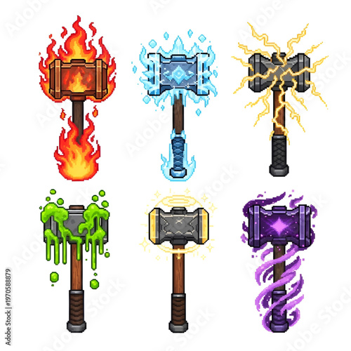 Fantasy Pixel Art Elemental War Hammers Weapon Collection for RPG