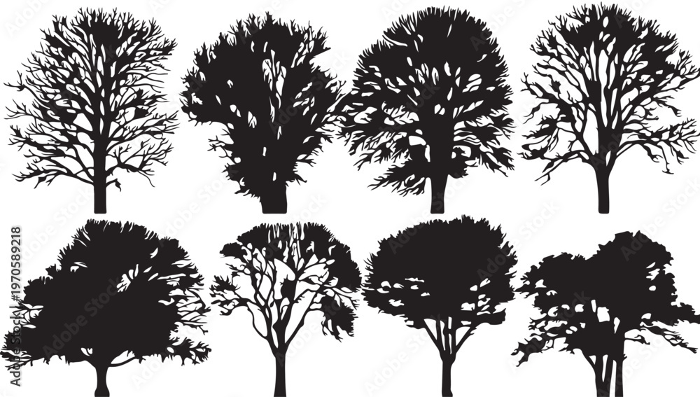 Fototapeta premium Silhouettes of arboreal wonders: A striking illustration showcases an array of arboreal forms, each meticulously designed to highlight the beauty of nature's architects.