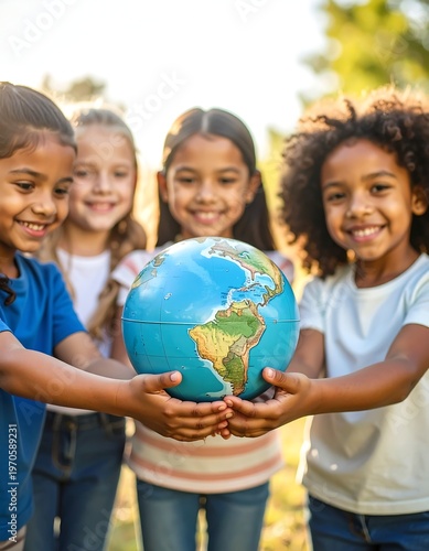 Four children holding a globe outdoors