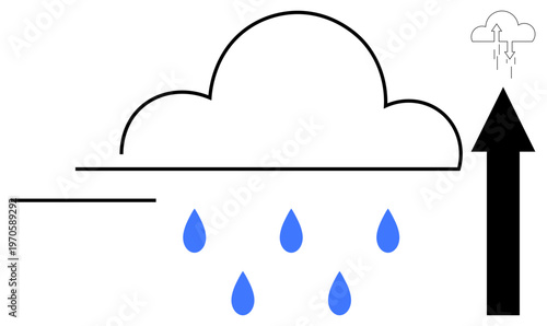 Rain cycle. Diagram showing cloud, raindrops, and arrow evaporation and precipitation in the water cycle. Rain cycle water movement for education, science, weather, climate, and ecology content