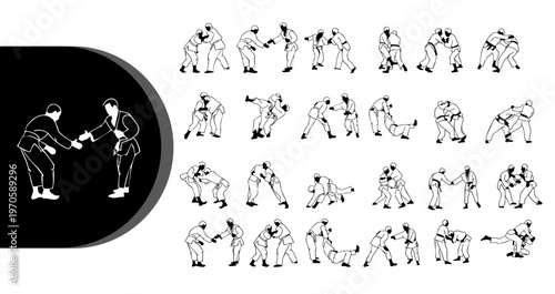 A collection of various martial arts poses and movements illustrated in black and white