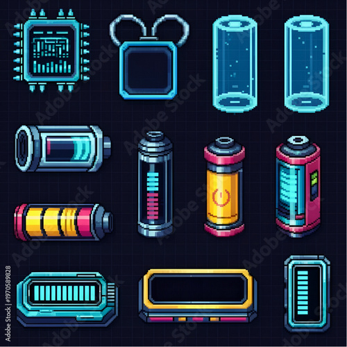 Pixel Art Sci-Fi Energy Cells and Cyberpunk Technology UI Assets Set