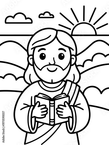 Gentle Shepherd's Guidance: An artistic depiction of a wise, bearded figure cradling a book, embodying knowledge and serenity, against the backdrop of a bright dawn.