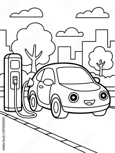 Electric Vehicle Charging in City: An electric car happily charging at a station in a vibrant city, showcasing a clean energy future and urban sustainability.