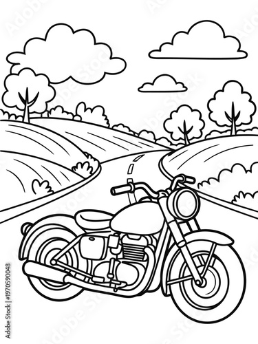 Motorcycle on Scenic Road: A classic motorcycle cruises along a winding road, surrounded by rolling hills and a picturesque landscape, evoking a sense of adventure and freedom.