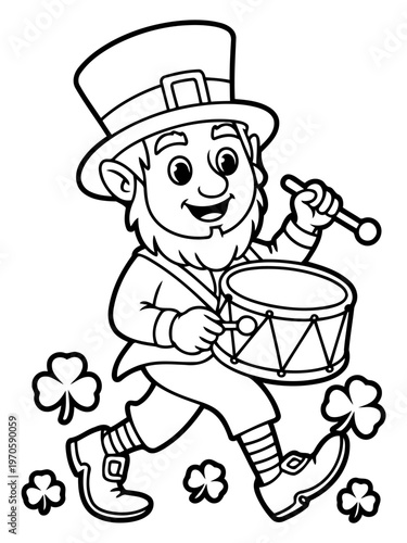 Lucky Leprechaun's Parade: A jovial leprechaun merrily marches with a drum, surrounded by shamrocks, embodying the spirit of celebration.