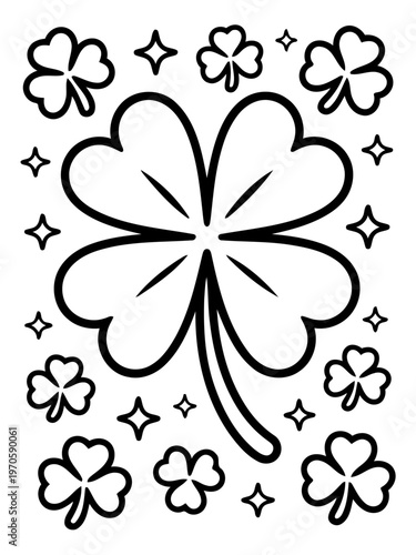 Shamrock Charm: A charming black and white illustration of shamrocks, symbol of luck and good fortune, perfect for festive celebrations.