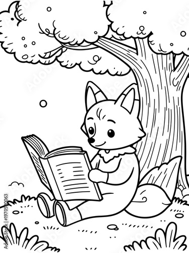 Bookworm Fox: A charming fox, engrossed in a captivating story, finds solace under a sprawling tree, symbolizing a love for learning and the tranquility of nature.