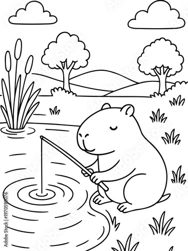 Capybara Angler's Daydream: A charming illustration shows a capybara fishing by a tranquil lake. The capybara, with closed eyes, embodies a sense of peace and content.