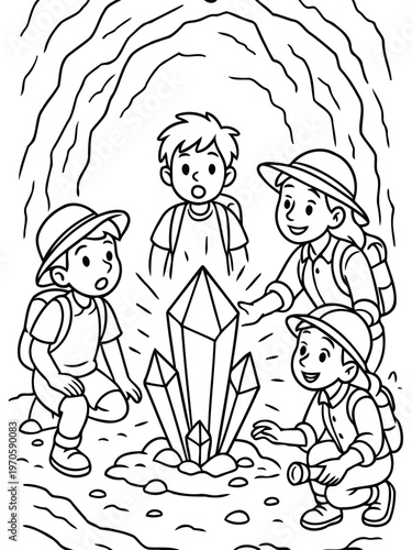 Cave Exploration Discovery: A group of young explorers, equipped with hats and backpacks, gather around a sparkling crystal formation within the depths of a cave.