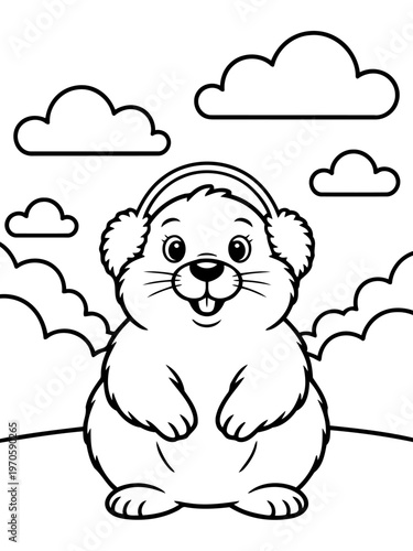 Cheerful Groundhog Illustration: A charming groundhog with warm ear muffs basks in a pleasant weather scene, symbolizing the arrival of spring.