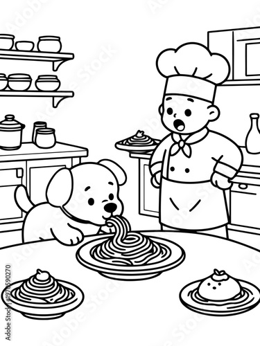 Culinary Companions: A charming illustration depicts a playful pup enjoying a plate of pasta with a chef.