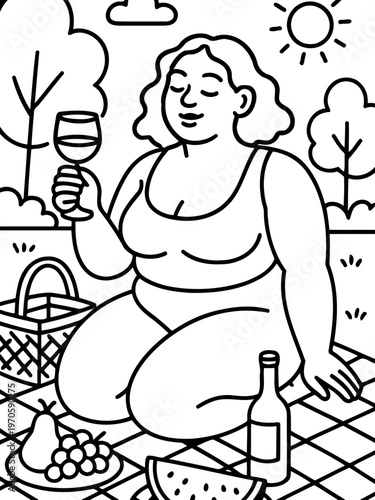 Summer Picnic of Serenity: In the warm embrace of a summer day, a woman finds serene solace, indulging in a picnic amidst nature's beauty, savoring wine and the simple pleasures.