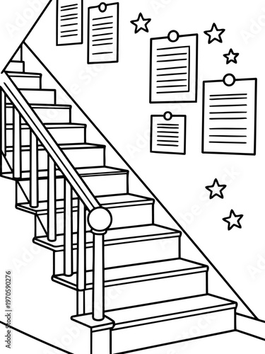 Staircase with notes: A minimalist black and white illustration of a staircase, adorned with notes and star decorations, suggesting a journey of progress or a space for contemplation.