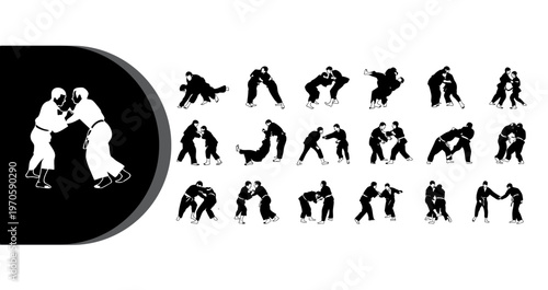 A collection of martial arts silhouettes in various fighting stances and poses