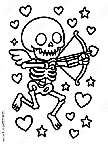 Skeleton Cupid's Arrow of Love: A unique, monochrome illustration of a skeletal cupid aiming his arrow amidst hearts and stars, symbolizing love and affection with a touch of the macabre.