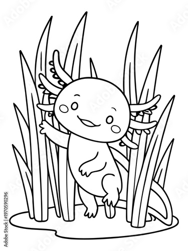 Cartoon Axolotl in a Natural Habitat: A charming, cartoon axolotl emerges from its aquatic sanctuary, surrounded by lush vegetation, showcasing a playful and educational scene in a minimalistic style.