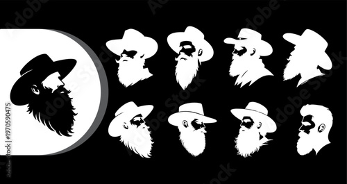 A collection of various bearded man silhouettes in different hats and styles on a black background