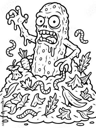 Pickle Rick Cartoon: An illustration of a comical, transformed pickle character emerging from a pile of refuse and food scraps, portraying a humorous, slightly grotesque transformation.