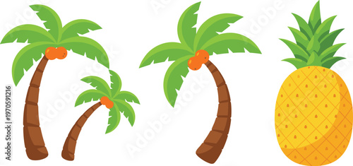 Cartoon tropical illustration featuring three palm trees with coconuts and one large pineapple with leafy crown for beach, island, fruit, and summer design concepts