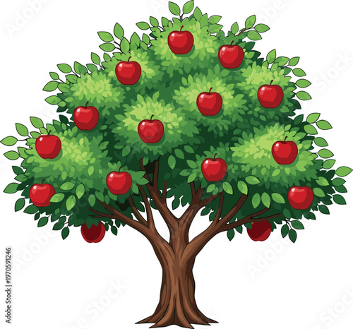 Cartoon vector illustration of apple tree with thick trunk, lush green foliage, and red apples, perfect for education, nature, gardening, and children’s learning visuals.