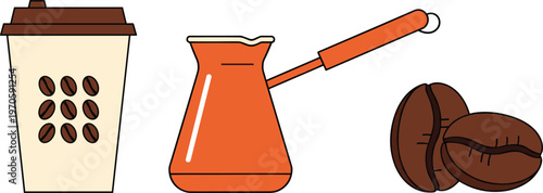 Cartoon vector illustration of coffee culture items including disposable cup, Turkish cezve pot, and roasted beans, perfect for cafe branding, beverage design, and culinary artwork