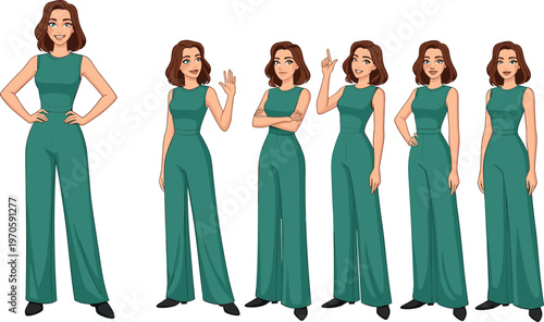 Cartoon woman in green jumpsuit with expressive poses, gestures, and confident body language for animation, character design, communication, and presentation vector illustrations