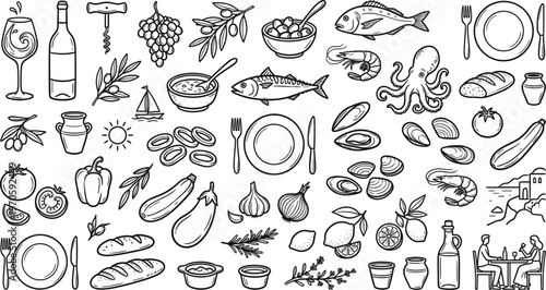 A charming black and white sketch depicting a delightful assortment of culinary elements and dining essentials creating a festive mood