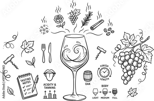 Elegant wine collection sketch a hand drawn illustration of wine glasses grapes and accessories