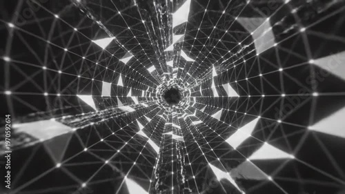 Abstract digital tunnel with geometric patterns and glowing nodes, representing data flow and connectivity
