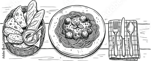 Vintage sketch of culinary delights bread a platter of food and a beverage glass illustration