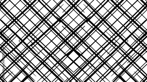 Abstract black and white diagonal crisscross grid pattern with overlapping intersecting lines.