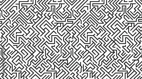 Black and White Geometric Maze Pattern With Interlocking Angular Lines.