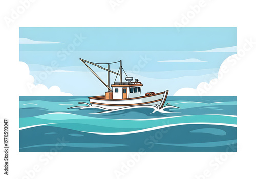 A classic fishing boat navigates the gentle waves of the blue ocean under a bright, clear sky, symbolizing maritime travel, industry, and the beauty of the open sea in an illustrative style