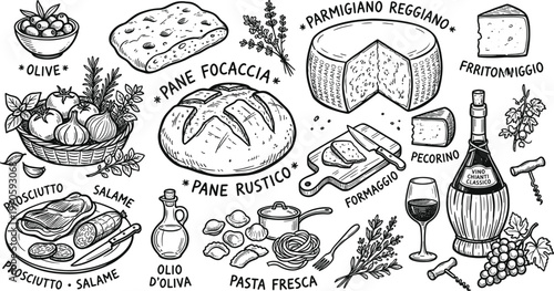 Hand drawn sketch of a gourmet cheese and wine spread with rustic culinary elements