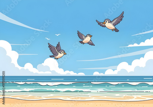 Graceful small birds soar above a sun-drenched beach, with gentle ocean waves and a clear blue sky, embodying serene beauty and the freedom of coastal nature