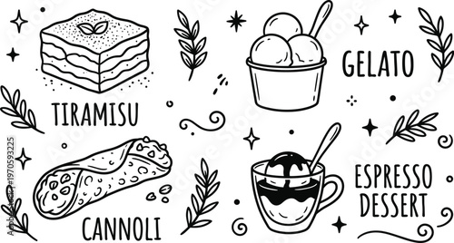 Charming hand drawn dessert illustrations tiramisu cannoli gelato and espresso a sweet treat collection